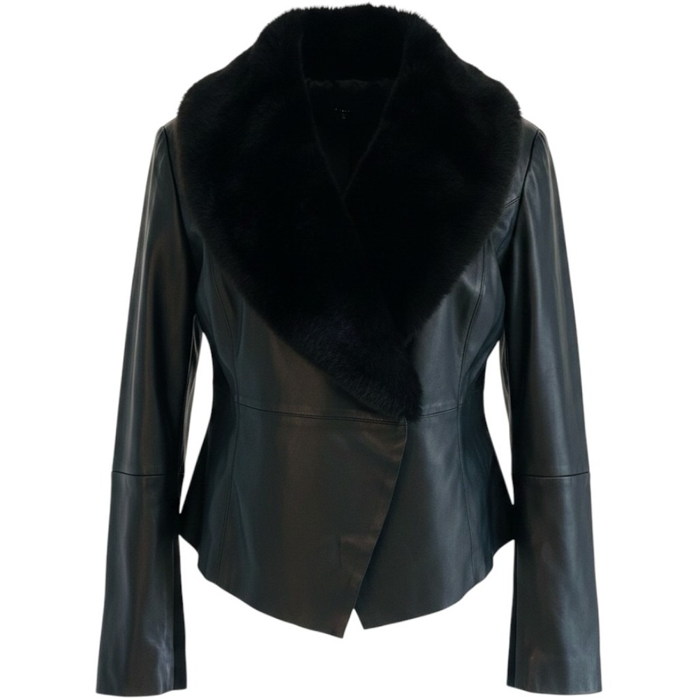 Jeans by Buffalo Faux Leather Jacket Womens Large Black Faux Fur Collar Ribbed